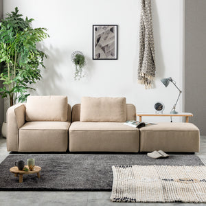 ※こちらの画像は、左からコーナー＋1人掛け＋オットマンを組み合わせています。カラーはサンドベージュです。 #サンドベージュ #ブークレ生地