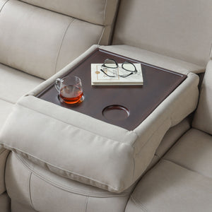 中央の背クッションを前に倒すと、雑誌や飲み物などを置くことができる便利なテーブルが現れます。 #LT03 チャコールブラック（レザーテックス アニリン） #右カウチ