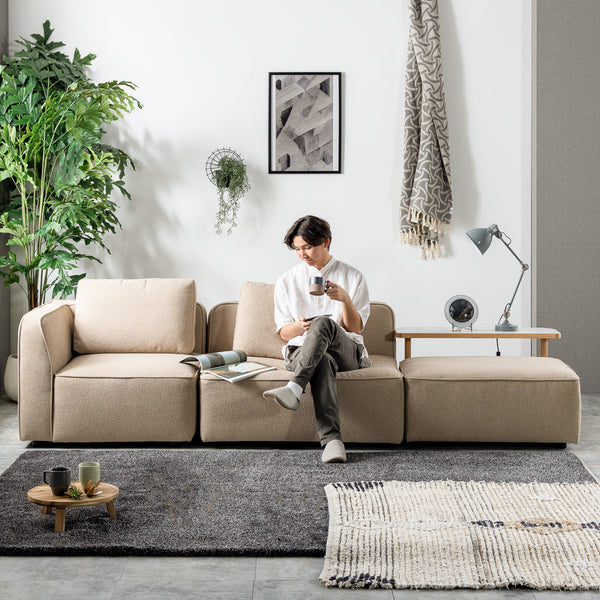 ※こちらの画像は、左からコーナー＋1人掛け＋オットマンを組み合わせています。カラーはサンドベージュです。 #サンドベージュ #ブークレ生地