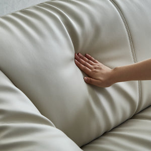 背面は柔らかいフェザーを身体が触れる表面に使用し、程良く硬さを残しつつ優しいタッチの仕上がりに。 #SILT22 フロスホワイト（シルキーレザーテックス） #左カウチ