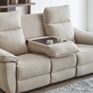 中央の背クッションを前に倒すと、リモコンや飲み物などを置くことができる便利なテーブルが現れます。 #プラチナグレー（プライムレザーテックス）