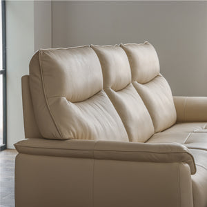 しっかりと身体を支えるハイバック仕様で、首・頭部をあずけてゆったりとくつろげます。 #FLT13 シアーベージュ（ファインレザーテックス） #左カウチ