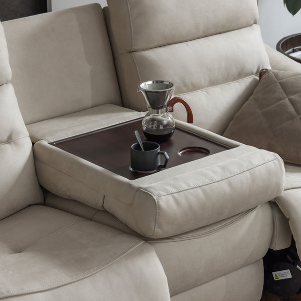 中央の背クッションを前に倒すと、リモコンや飲み物などを置くことができる便利なテーブルが現れます。 #PLT111 プラチナグレー（プライムレザーテックス）