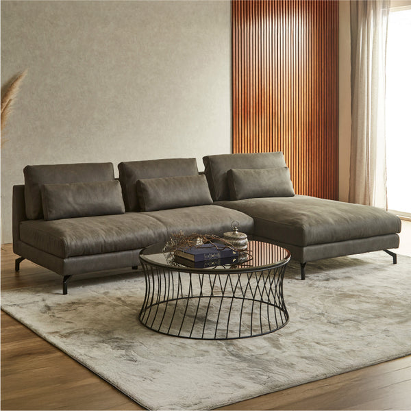 ２人掛けソファ＋シェーズ　PLT112ヨーロピアングレー #LT01 キャメル（レザーテックス アニリン）