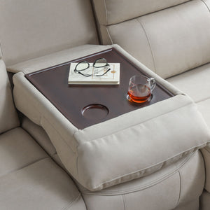 中央の背クッションを前に倒すと、雑誌や飲み物などを置くことができる便利なテーブルが現れます。 #LT01 キャメル（レザーテックス アニリン） #左カウチ