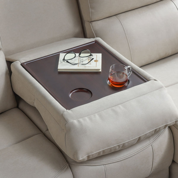 中央の背クッションを前に倒すと、雑誌や飲み物などを置くことができる便利なテーブルが現れます。 #LT01 キャメル（レザーテックス アニリン） #左カウチ