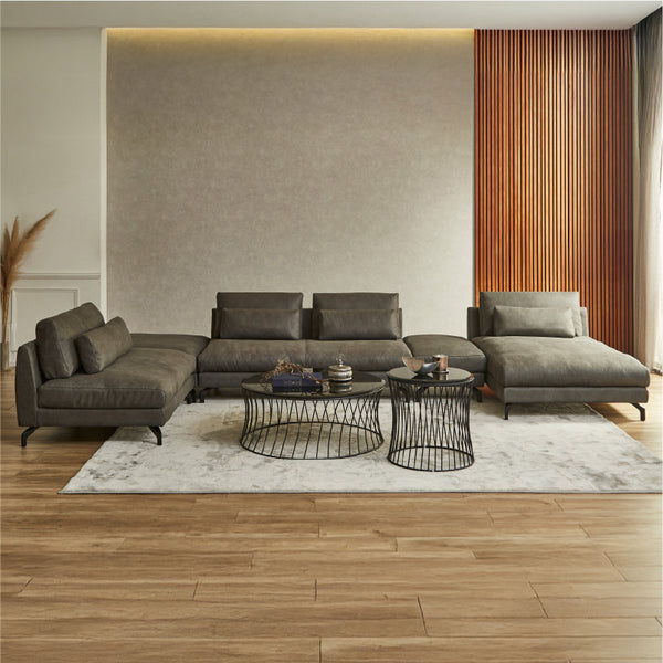 1.5人掛けソファ＋コーナー＋２人掛けソファ＋オットマン＋シェーズ　PLT112ヨーロピアングレー #PLT111 プラチナグレー（プライムレザーテックス）