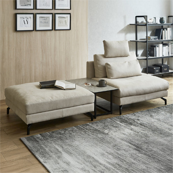 コーナー＋1.5人掛けソファ＋ヘッドレスト　PLT111プラチナグレー #LT01 キャメル（レザーテックス アニリン）