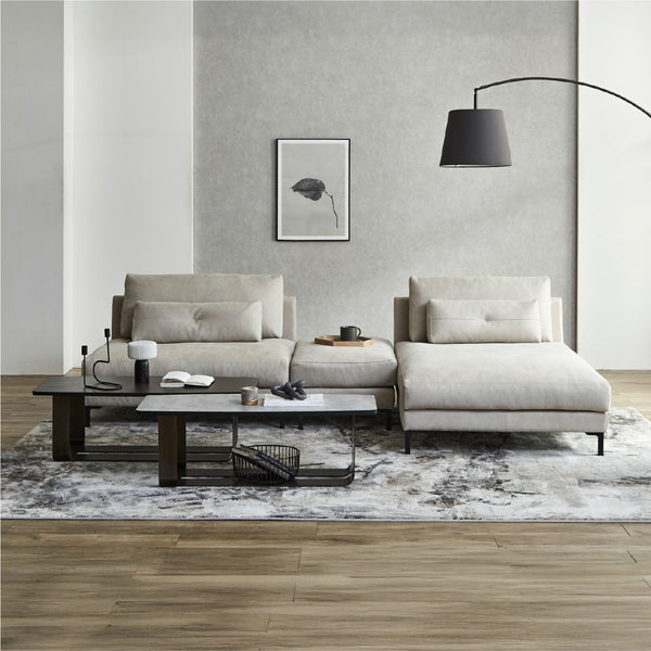 1.5人掛けソファ＋オットマン＋シェーズ　PLT111プラチナグレー #PLT101 ブルースター（プライムレザーテックス）