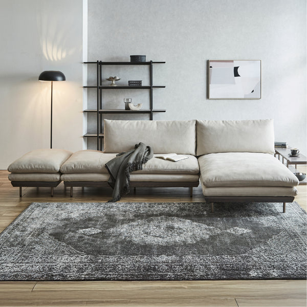 オットマン＋左カウチ / PLT111プラチナグレー #PLT101 ブルースター（プライムレザーテックス）