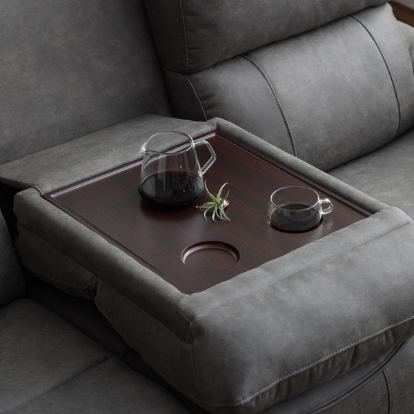 中央の背クッションを前に倒すと、雑誌や飲み物などを置くことができる便利なテーブルが現れます。 #LT01 キャメル（レザーテックス アニリン）