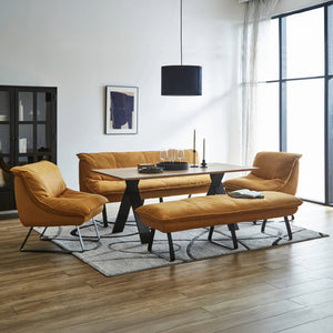 モダンで洗練されたデザインが特徴のアボットシリーズのベンチタイプ。デザイン性に加え座り心地のよさにも重点を置き設計しました。 #LT01 キャメル（レザーテックス アニリン）