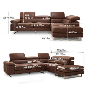 ロブスト 左カウチソファ 幅274cm #PLT111 プラチナグレー #プライム レザーテックス