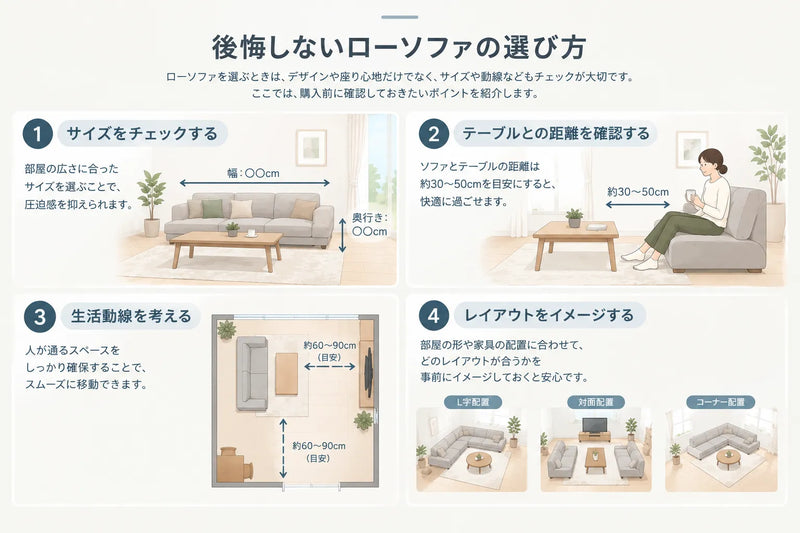 ソファのサイズだけでなく、テーブルとの距離や通路幅も確認しましょう。