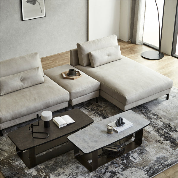 1.5人掛けソファ＋オットマン＋シェーズ　PLT111プラチナグレー #PLT101 ブルースター（プライムレザーテックス）