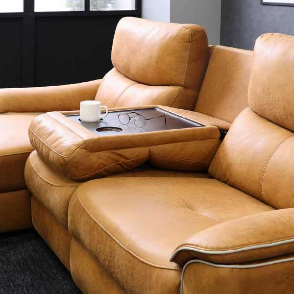 中央は背面を倒すと、サイドテーブルとしても使用できます。 #LT01 キャメル（レザーテックス アニリン）